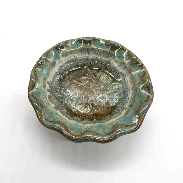 Down To Earth Pottery Recycled Crackle Glass And Pottery Trinket Dish 3.5” Green And Blues