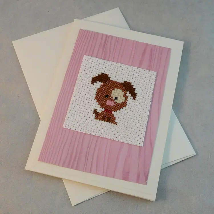 Cross Stitch Brown Spotted Puppy Gray Bunny Blank Keepsake Greeting Cards 3.5" x 5"