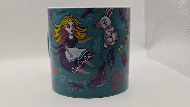 Alice in Wonderland Teal Ceramic Mug with Cheshire Cat and Rabbit Hole Interior