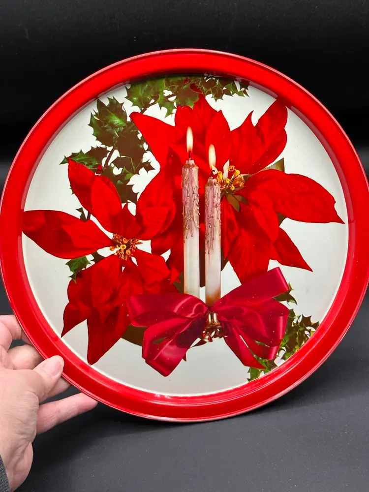 Metal Christmas Round Serving Tray Poinsettia Candles Holly Ribbon 10" Vintage