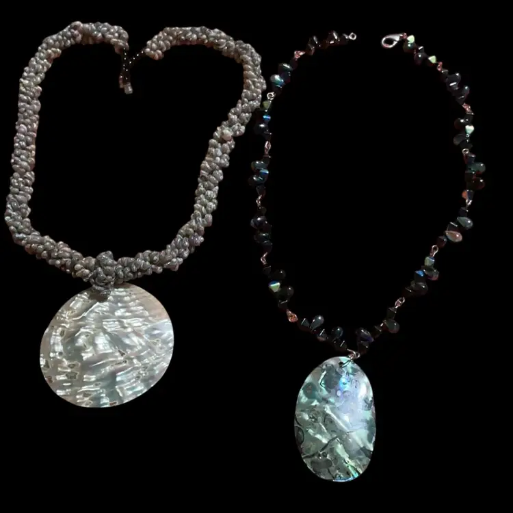 Gorgeous Set Of Two Shell  Necklaces. One With Large Round Mop Shell & Tiny Shell Beaded Chain. Other Necklace ~ Iridescent  / Oil Slick  Look Glass Beaded Chain With Large Oval Abalone Pendant. Both So Gorgeous!!!