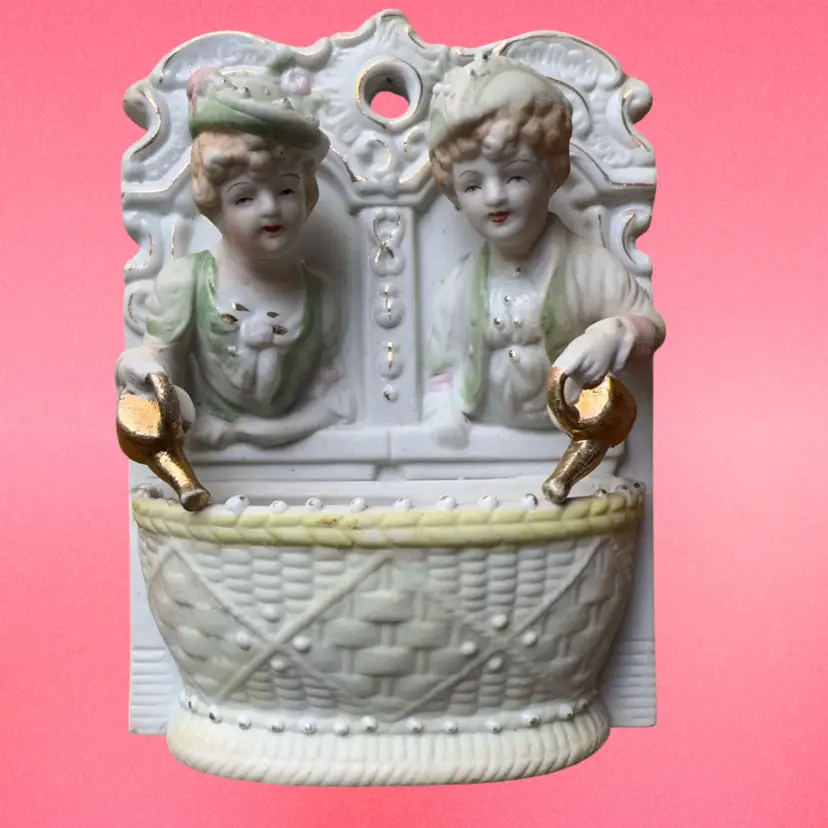 Victorian Couple With Watering Cans Wall Pocket