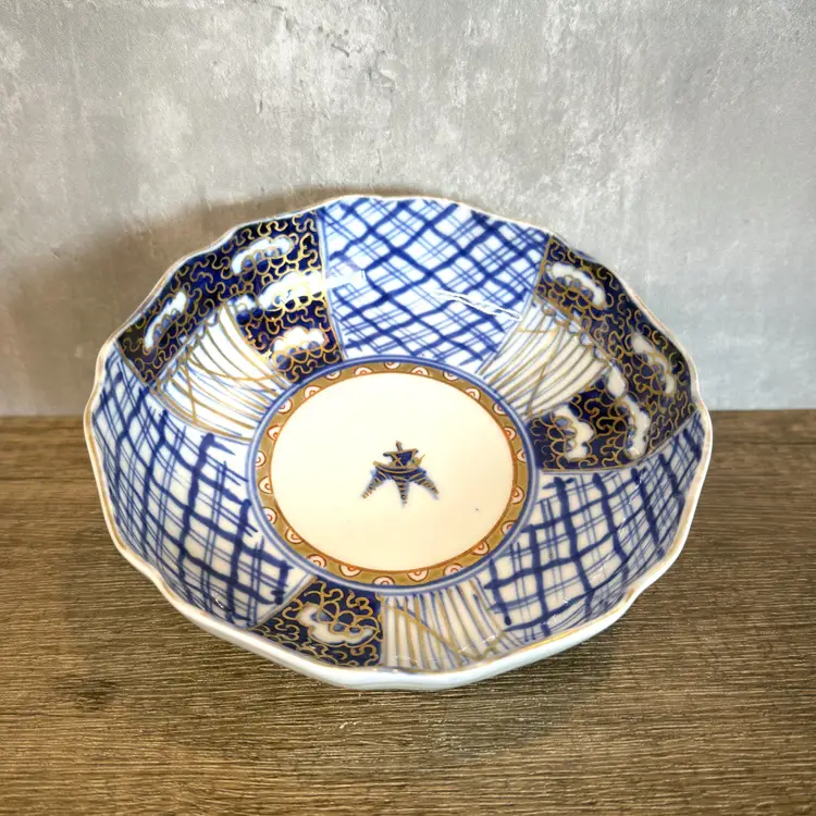 Imari Style Vintage Porcelain Bowl - 6 Inch Blue Gold Scalloped (0051-25)