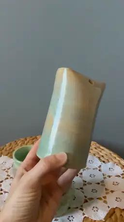 Handmade Studio Pottery Lot of 3 – Green Glaze Cups & Small Pitcher Signed MF