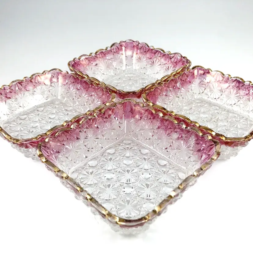 4 Hobbs Brockunier EAPG Daisy Button Square Berry Bowls, Clear Pink & Gold, Antique 1884