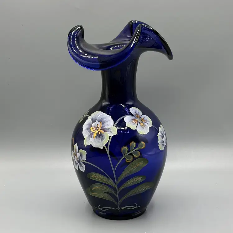 Fenton Royal Purple Blue Wild Orchids Connoisseur Vase 8557 VP 2003 Painted Flowers Signed
