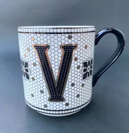 NEW Anthropologie Bistro Tile Stoneware Monogram "V" Coffee Mug