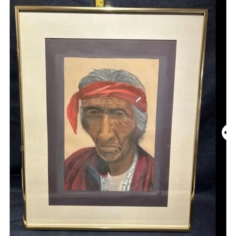 Framed Portrait Painting: Southwestern Elder with Red Bandana - Rustic Folk Art