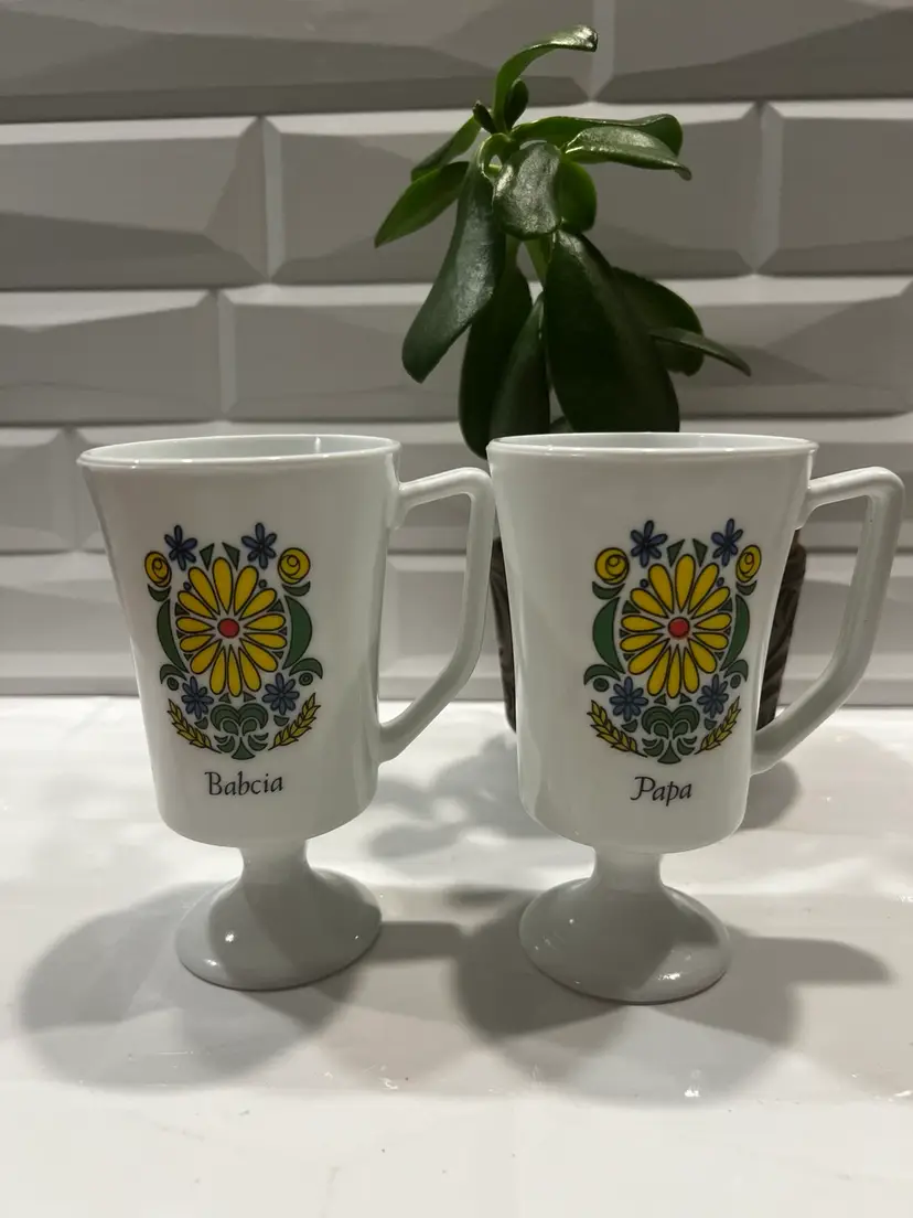 2 Pedestal Milk glass Mugs “Papa” & “Babcia”