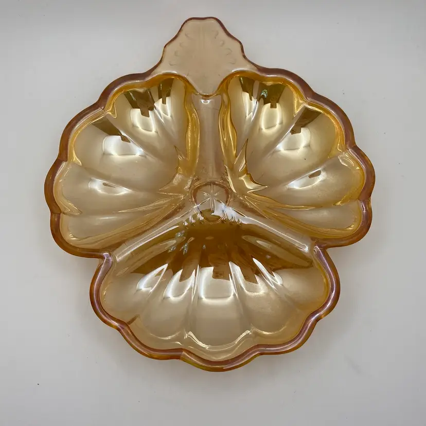 Marigold Clover Leaf Carnival Glass 3 Section Trinket Candy Dish Vintage
