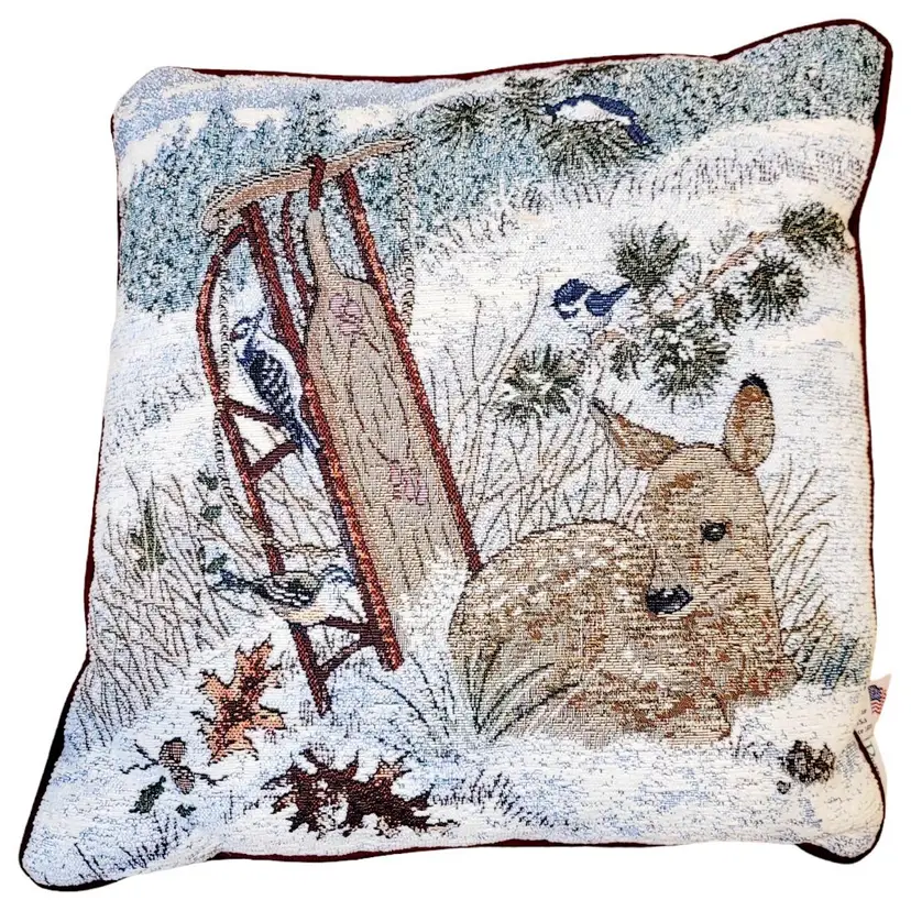 Vtg Riverdale Needlepoin Deer Fawn Sleigh Winter Christmas Throw Pillow Tapestry