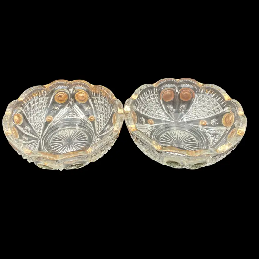 2 - Antique U.S. Glass Twinkling Star/Blazing Cornucopia Berry Bowls, EAPG, Gold