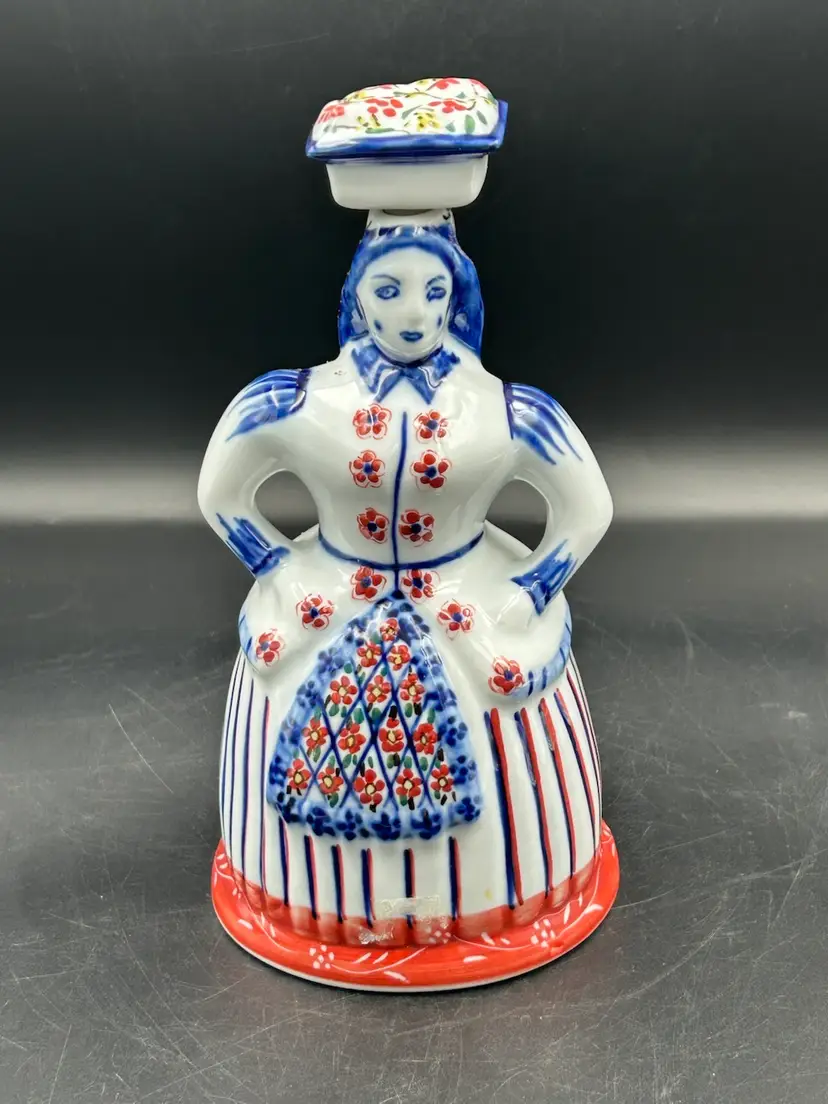 Vintag Blue & White Ceramic Viana Do Castelo Portuguese Bottle/decanter /figurine Woman With Basket On Her Head