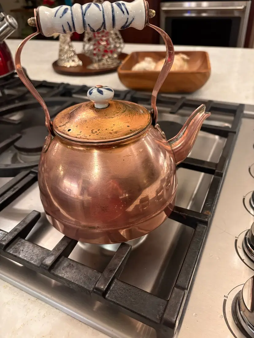 Vintage Copper and Nickel Tea Kettle with Ceramic Handles Blue and White