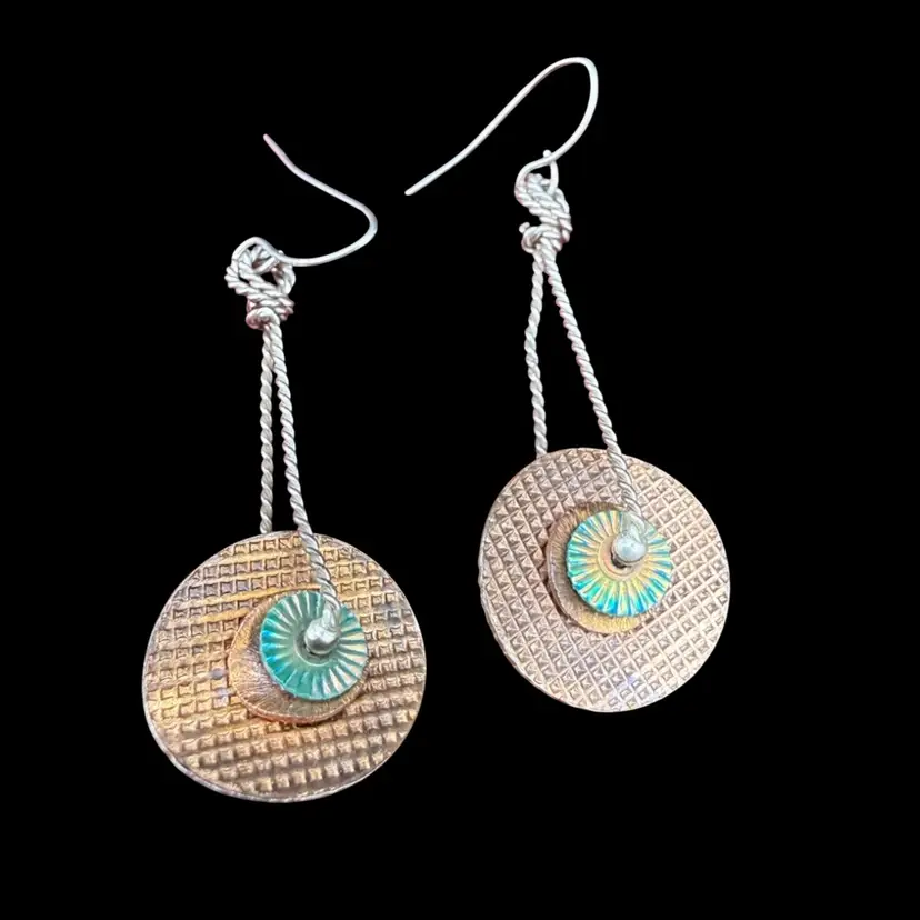 Artist Made Sterling Silver And Copper Sunburst Earrings