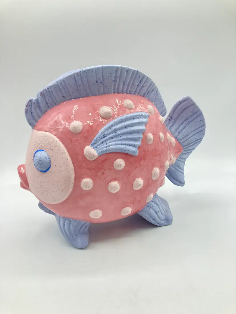 Vtg Hand Painted Ceramic Kissing Fish Planter Vase Pink Blue Pastel Kitsch 8" H