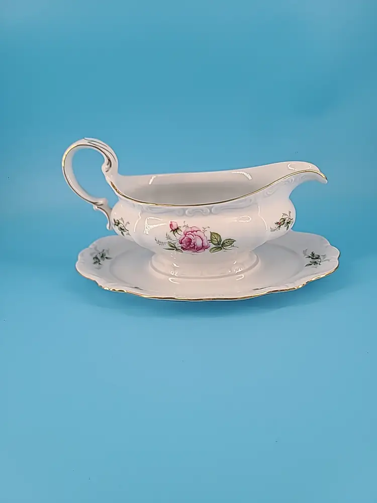 Johann Haviland China Gravy Boat W/Attached Underplate Pink Moss Rose Gold Trim