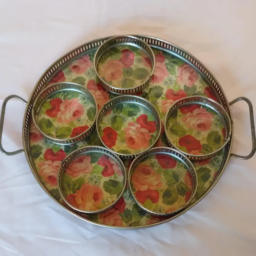 Vintage Germany Metal Cabbage Rose Serving Tray 6 Coasters Set Garden Party