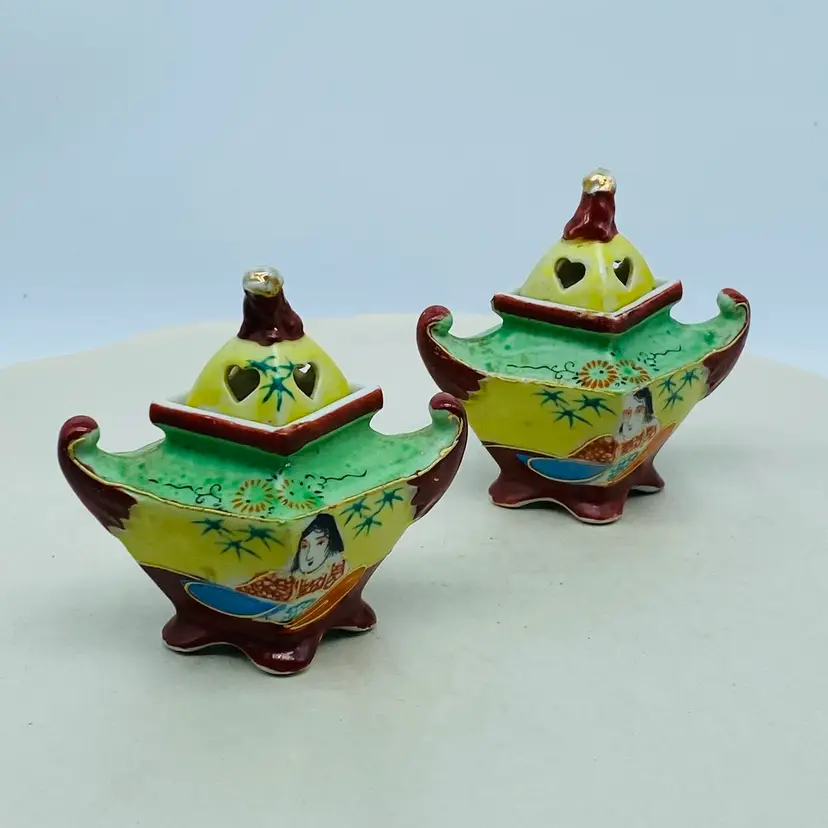 #5106 Pair of Antique ceramic incense Burners Japan Portrait of Woman Lidded receptacles