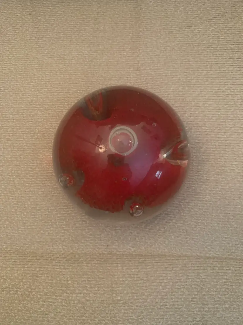 Vintage Hand Blown Large Art Glass Red And Glass Paper Weight It Glows Green With Controlled Bubbles