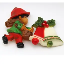 Vintage 1970s Hallmark Christmas Pins, Little Drummer Boy & Christmas Bells