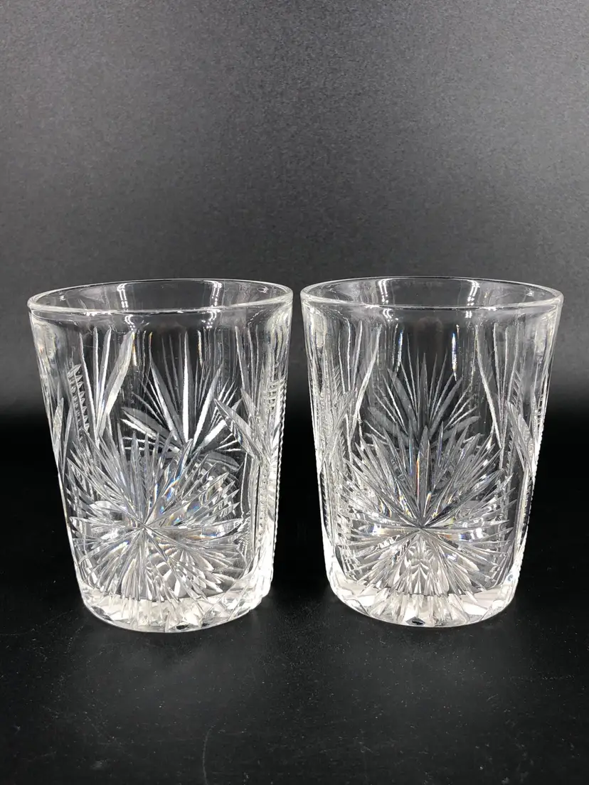 Set of 2 Vintage Cut Crystal Starburst Lowball Drinking Glasses