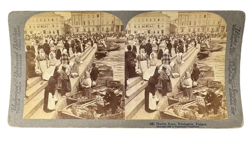 Real Photo Stereoview Stereograph Card Market Boats Helsingfors Finland 1899