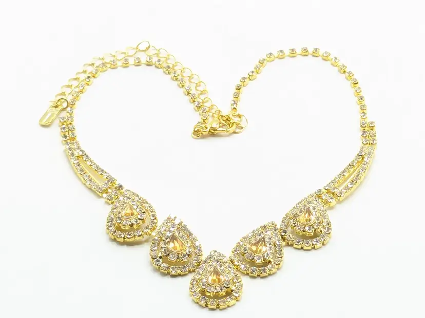 Gold Tone Teardrop Rhinestone and Faux Topaz Necklace