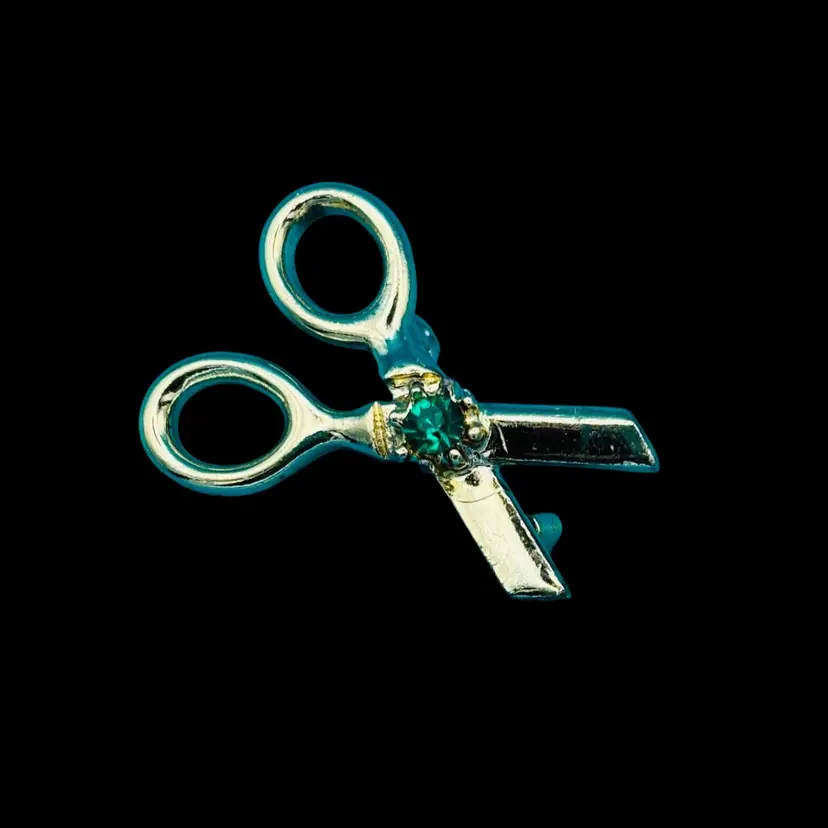 Vintage Gold-Tone Scissors Pin with Emerald Green Rhinestone – Hair Stylist or Sewing Gift