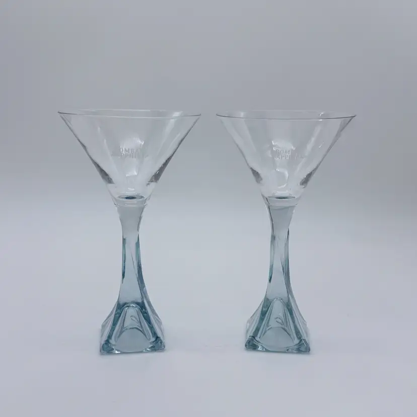 Vtg. LTD Bombay Blue Sapphire Mariner Martini Glasses Set W/Built In Shot Glass