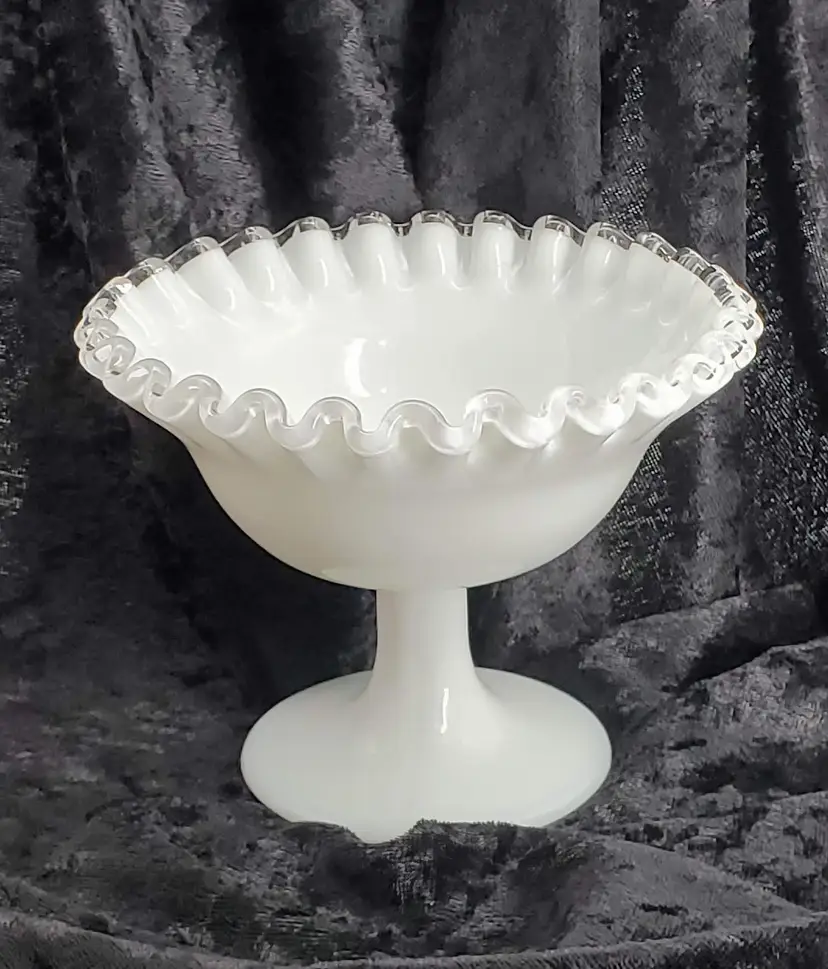 Fenton Silver Crest Milk Glass Crimped Pedestal Candy Dish Bowl