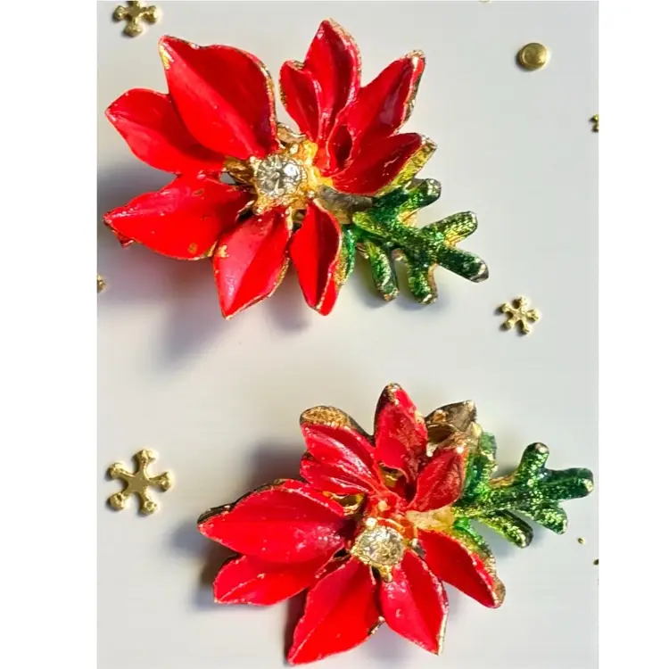 Christmas Poinsettia Rhinestone Clip Back Earrings