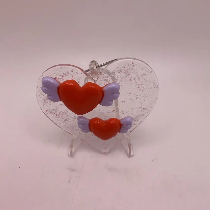 Made by Me! Fused Glass Puffy Double Heart Ornament 3" x 2.5" Handcrafted Studio Art