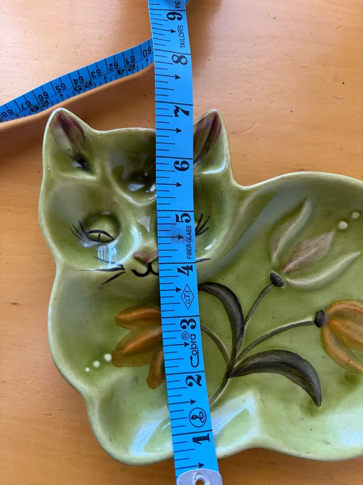 Vintage Sweet Los Angeles Potteries Avocado Green Cat Trinket Tray