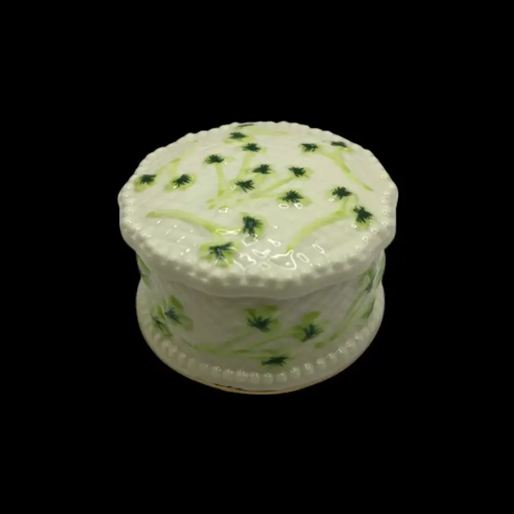 Miniature Shamrock Ceramic Trinket Box - Hand Painted 1.25" tall x 2.5" dia