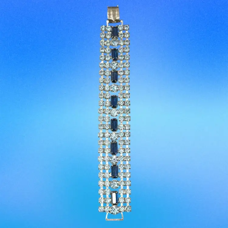 Vintage MCM Bracelet Bi Color Blue Prong Set Rhinestone SilverTone 1” Wide, 6.5” Long