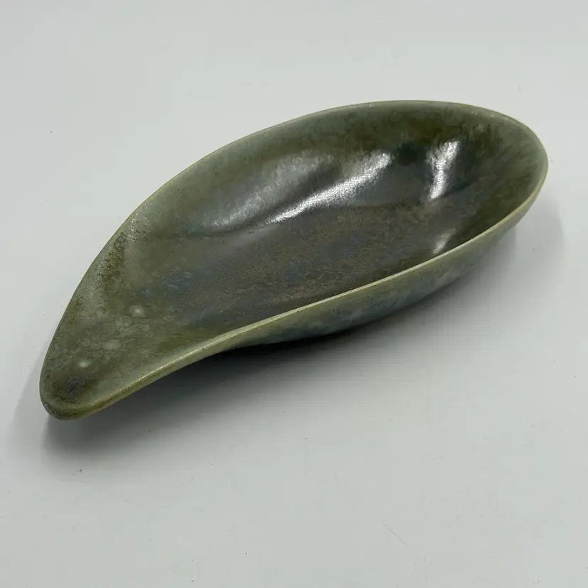 Art Pottery Green Mottled Glaze Catchall Oblong Shape Vintage Dish