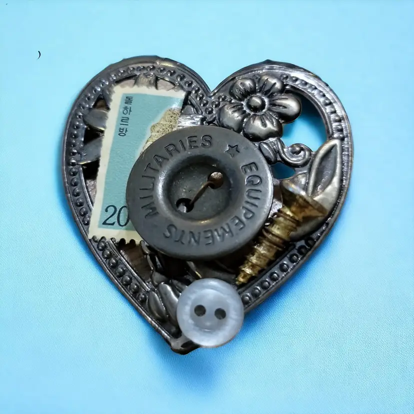 Steampunk Collage Valentine Heart Military Equipments Button Foreign Stamp Screw Funky Abstract Brooch
