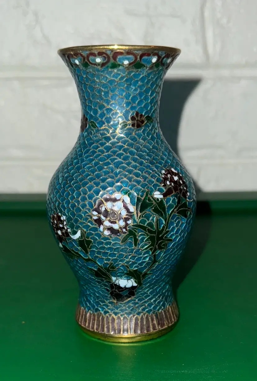 Glass Cloisonne Enamel in copper A JOUR FLORAL Handmade Translucent Vase 5 3/8”