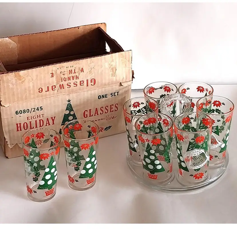 Vintage 1960s Set of 8 Hazel Atlas Christmas Tumblers in Orig. Box, W/Vintage Smith Glass 8" Dia. Center Handle Beverage Caddy Tray #181