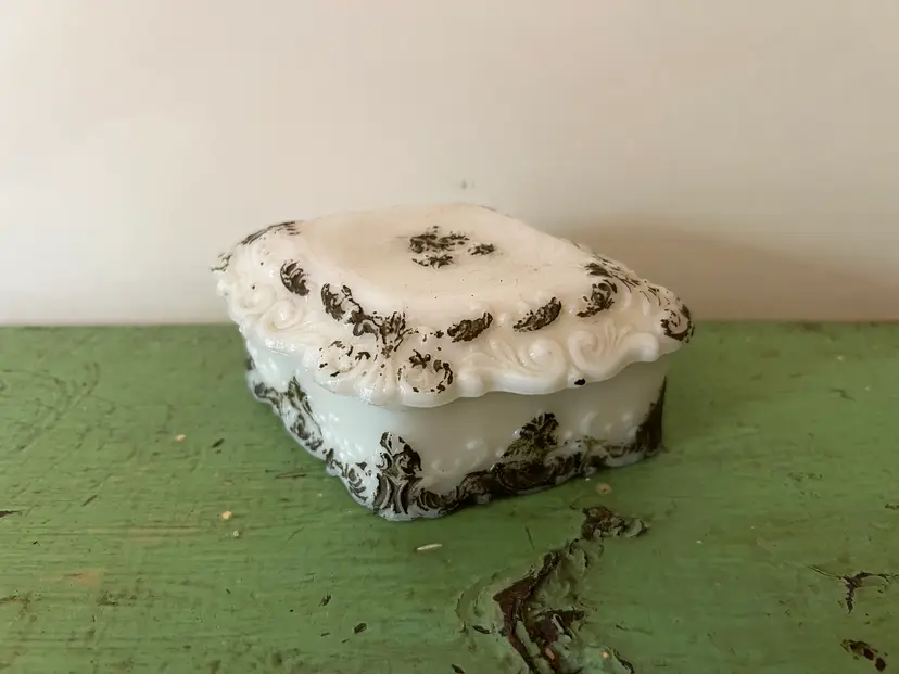 Vintage Milk Glass Trinket Box. Dithridge Company. Victorian 1800s Scroll Design