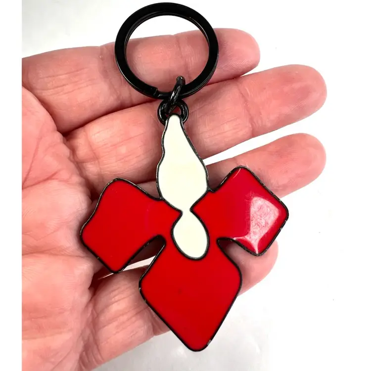 Peter Pilotto Red & White Enamel Orchid-Shape Metal Keychain. Stamped on Reverse. Black Metal Keychain Ring.
