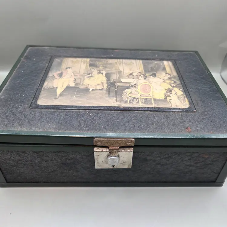 Antique Cigar Box With Lock Mirrored Cedar Wood Metal Outer Layer