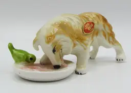 VTG Bone China Collie Dog Eating w/Green Bird Made in Japan possibly by Bridge