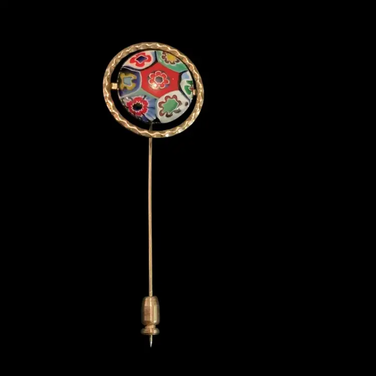 Vintage 12k GF Millefiori Glass Stick Pin / Hat Pin. Beautiful Colorful floral Design.