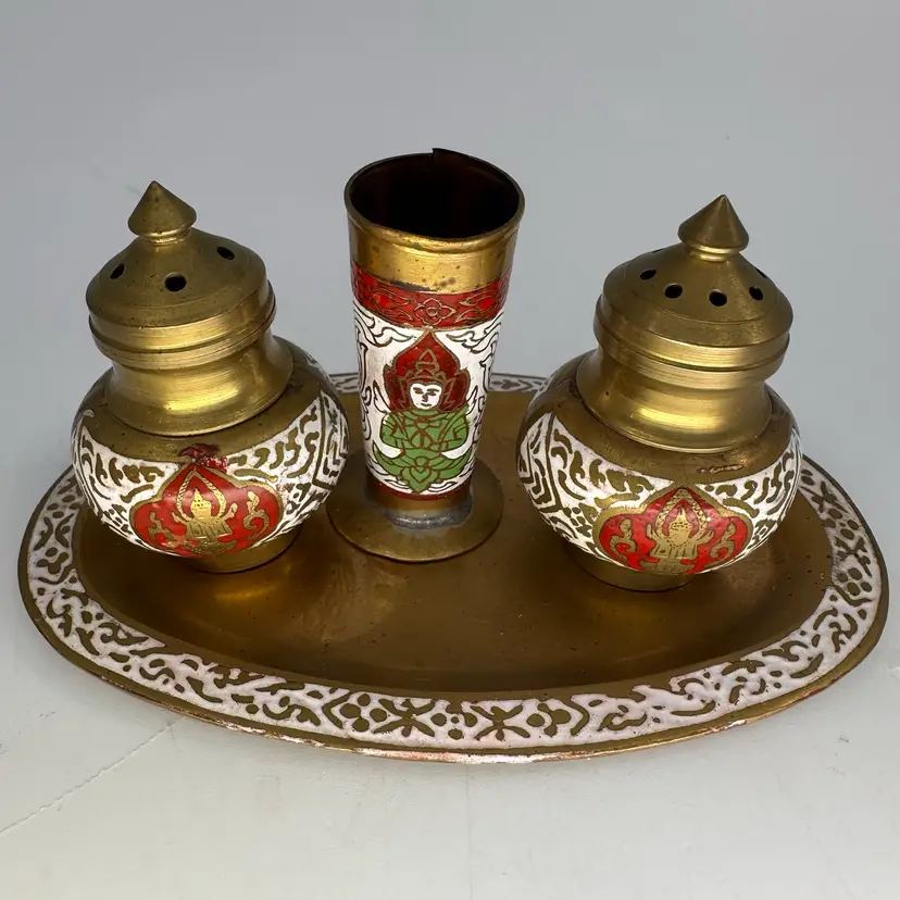 Brass & Enamel 4 Pcs Shakers/ Toothpick Holder On Tray