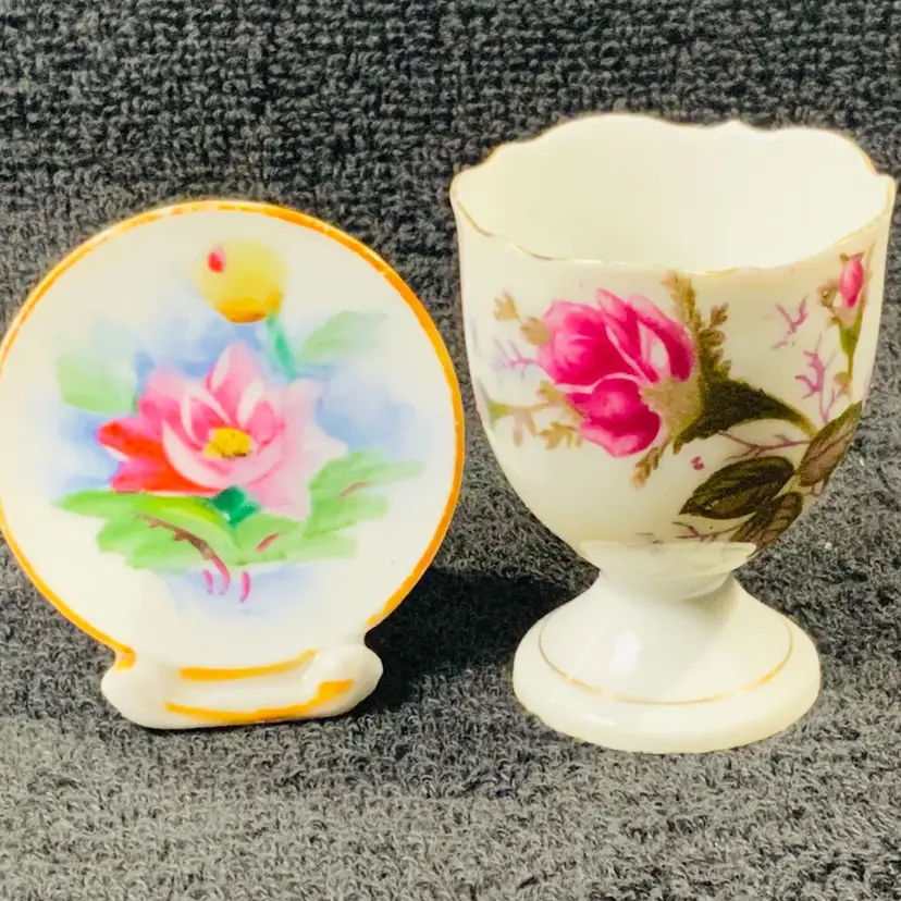 Hand Painted Miniature Floral Plate On Stand And Egg Cup