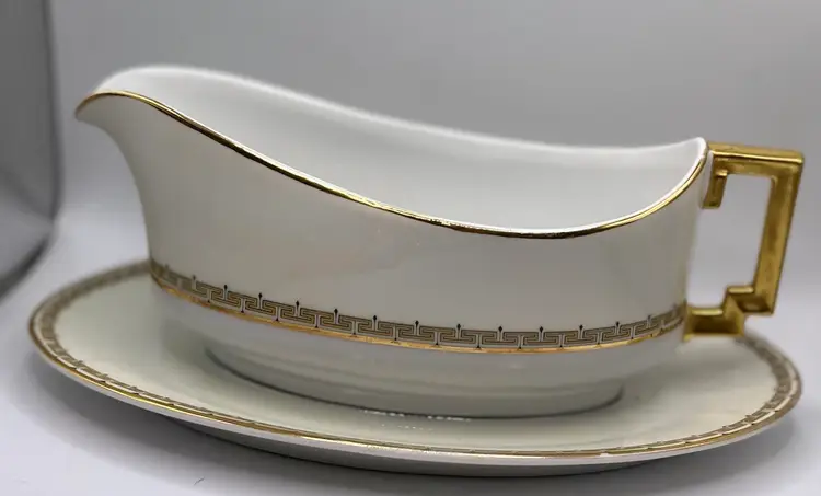 Antique Imperial Heinrich H & Co Regant Gold Trim Gravy Boat Attached Underplate