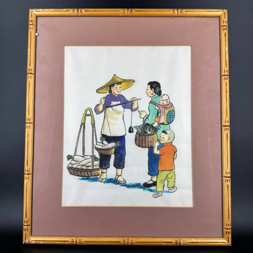 Chinese Framed Painting On Silk Family Shopping