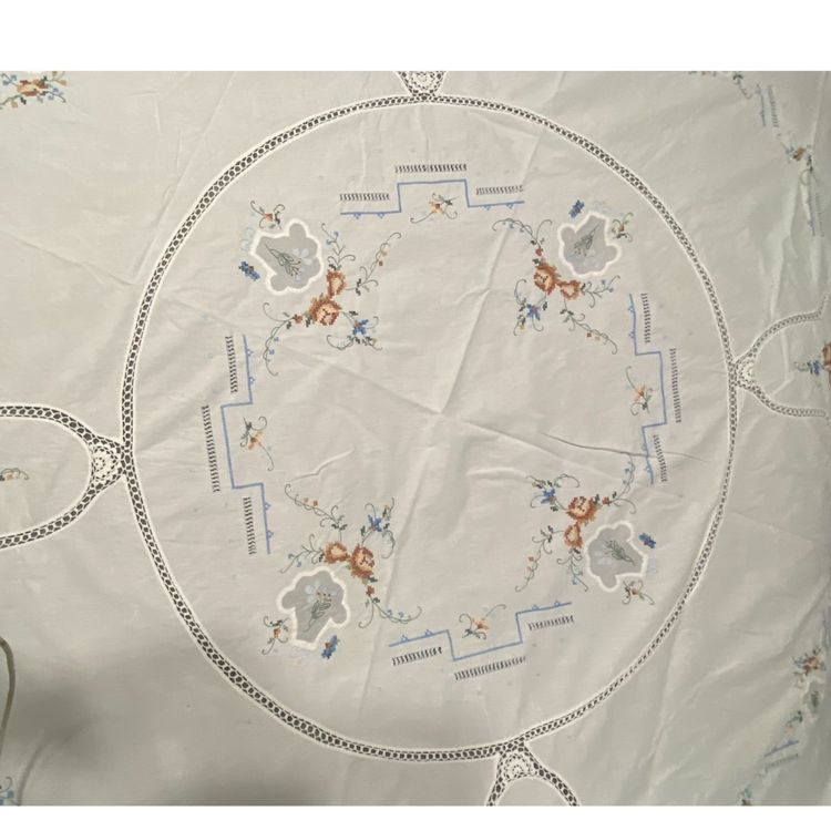 Vintage Keeco Bouquet Sampler 62” Round Tablecloth, Scalloped Edge, Hand Stitched